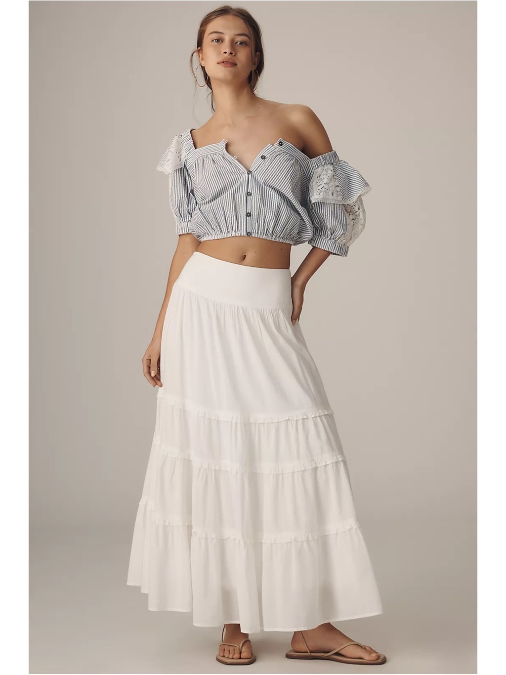Anthropologie Maeve Ruffled Puff Sleeve Lace Button Front Crop Blouse Shirt Top